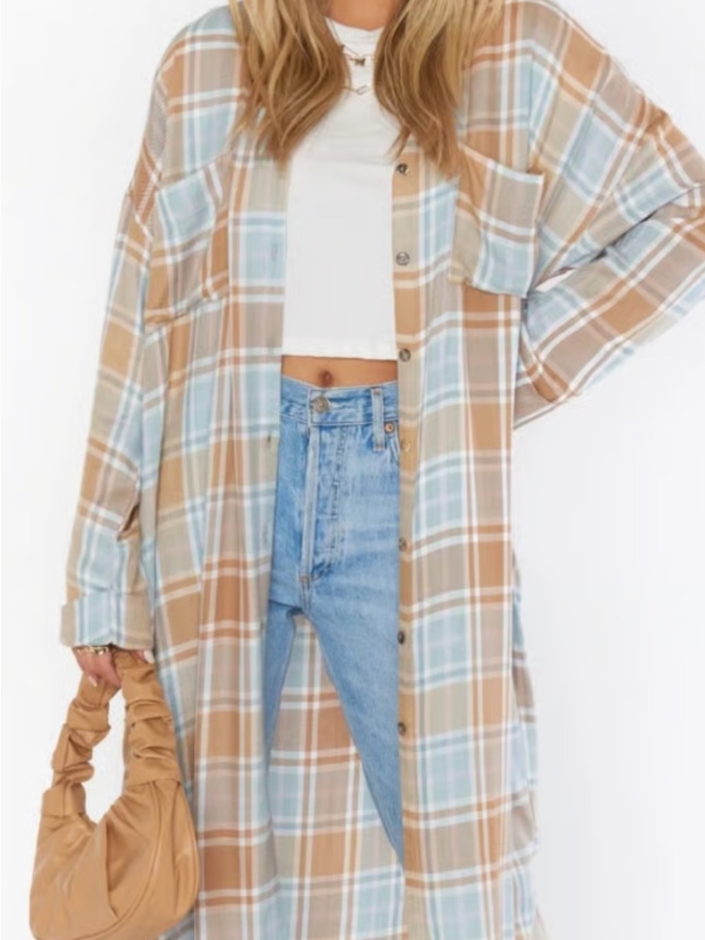 Show Me Your MuMu Plaid Maxi Shirt Dress in Tan and Light Blue2401